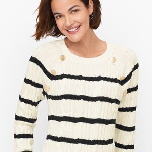 Talbots Petites cotton ivory/black stripe cableknit crewneck sweater. Size‎ Mp